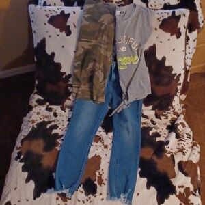 Simple society Jeans, size 10, camo shirt, faded Glory, Size 10/12 tops.